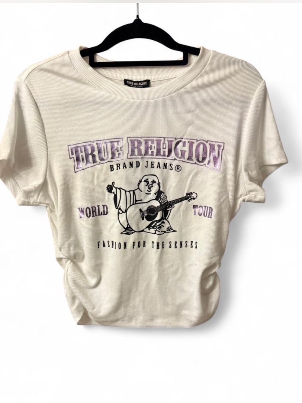 True Religion Cream Tee with Purple Logo and Buddha Guitar Graphic